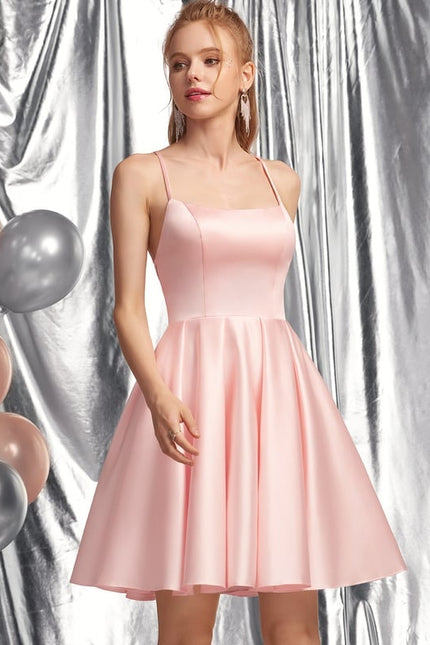 Trapèze col carré court satin robe de bal - gallery 2