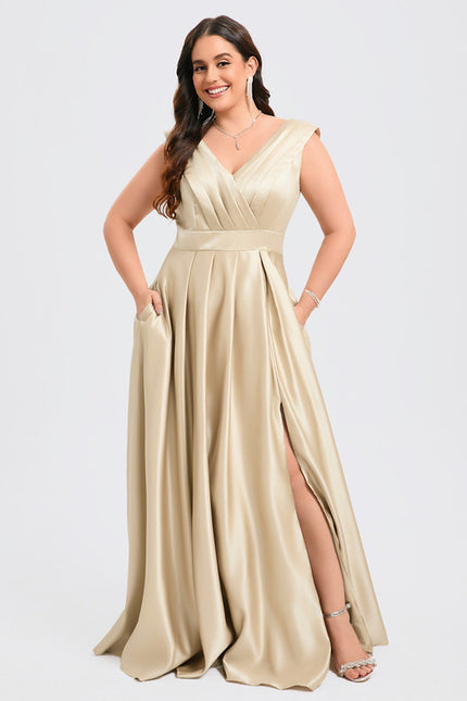 Trapèze col v longueur ras du sol satin robe de demoiselle d'honneur - gallery 8