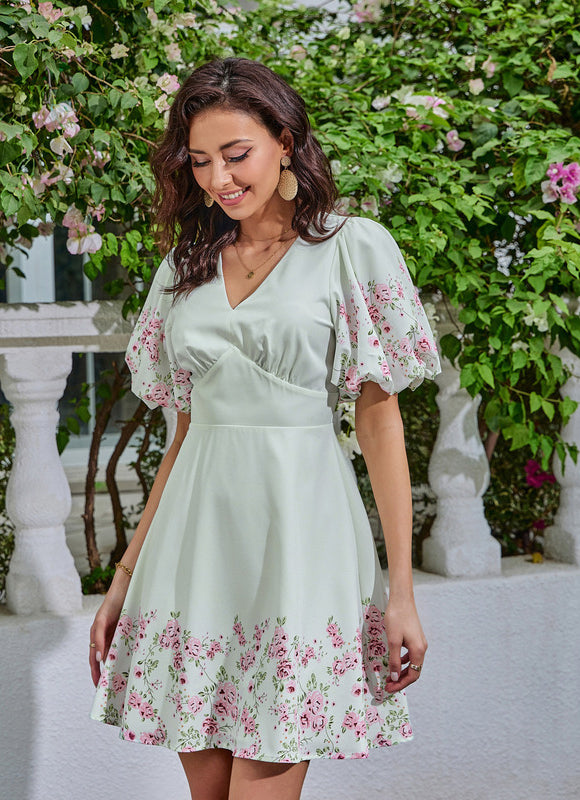 Robe imprimé fleur col v trapèze polyester mini - gallery 2