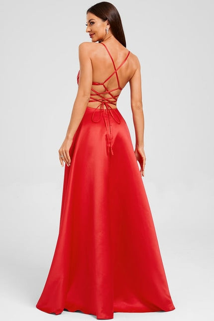 Trapèze col v longueur ras du sol satin robe de bal avec plissée - gallery 1