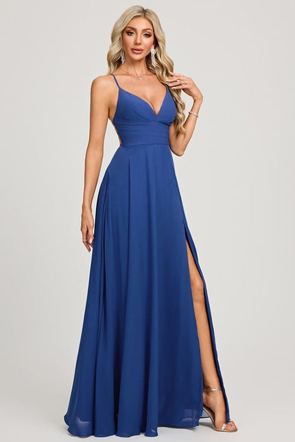 Trapèze col v longueur ras du sol mousseline robe de bal avec plissée - gallery 5