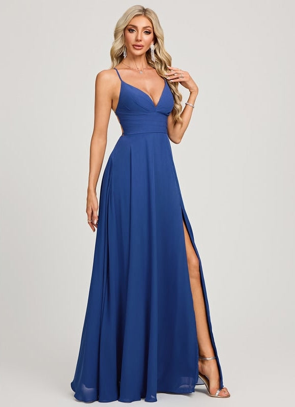 Trapèze col v longueur ras du sol mousseline robe de bal avec plissée - gallery 5