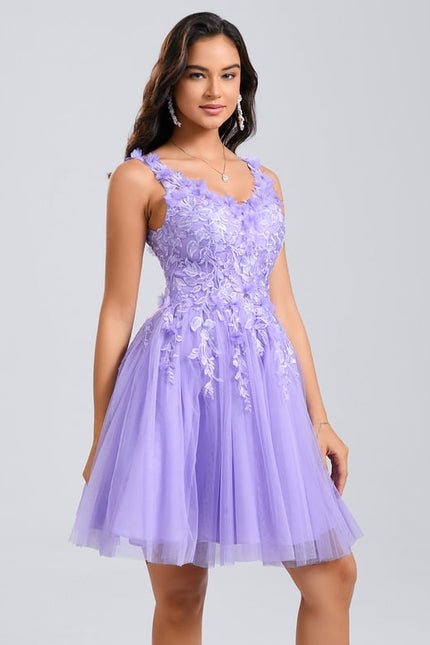 Princesse col v court dentelle tulle robe de bal de promo avec fleurs - gallery 3