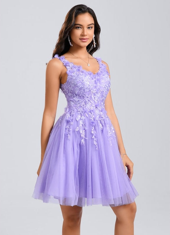 Princesse col v court dentelle tulle robe de bal de promo avec fleurs - gallery 3