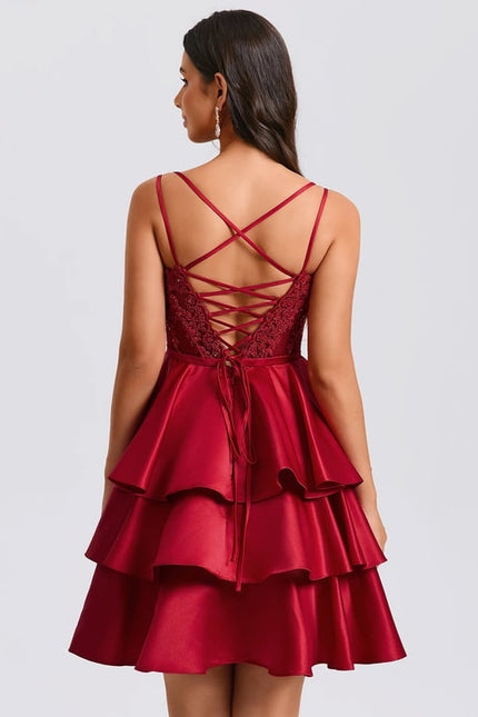 Princesse col v court satin robe de bal de promo avec paillettes appliques de dentelle perles - gallery 3