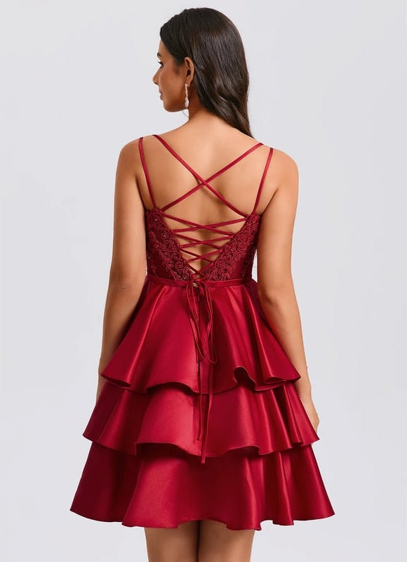 Princesse col v court satin robe de bal de promo avec paillettes appliques de dentelle perles - gallery 3