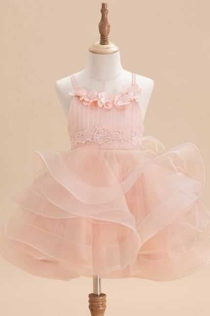 Princesse col rond longueur genou tulle robes fille mariage avec motif floral 3d