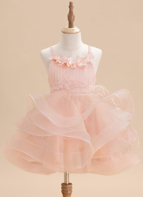 Princesse col rond longueur genou tulle robes fille mariage avec motif floral 3d
