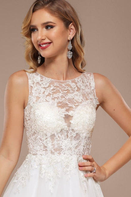 Trapèze col bateau longueur genou tulle dentelle robe de mariée avec paillettes - gallery 4