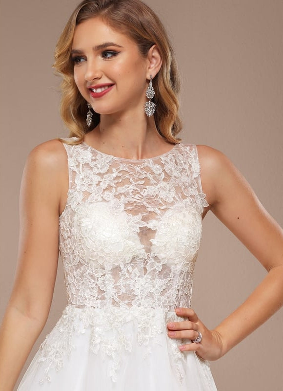 Trapèze col bateau longueur genou tulle dentelle robe de mariée avec paillettes - gallery 4