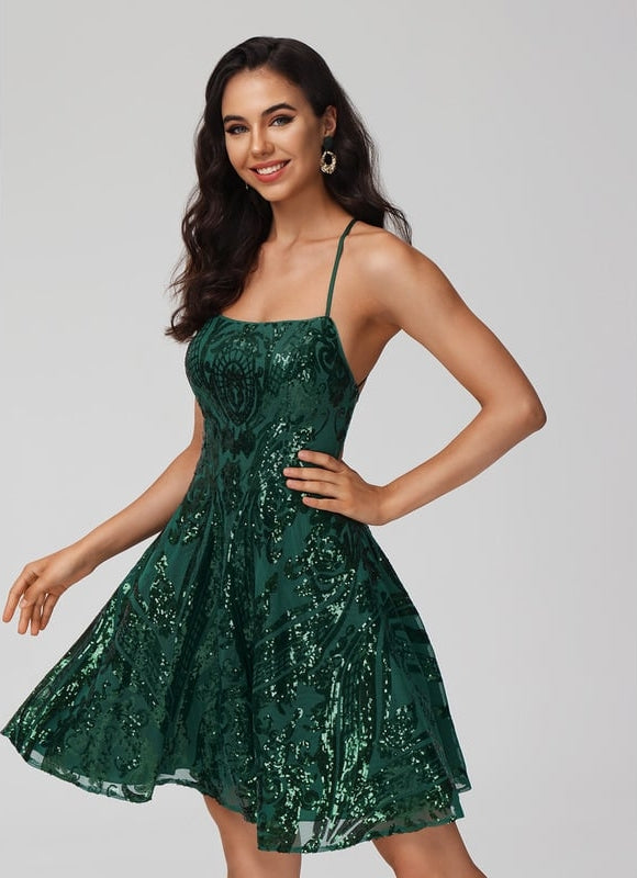 Trapèze col rond court paillette robe de bal de promo avec paillettes - gallery 4