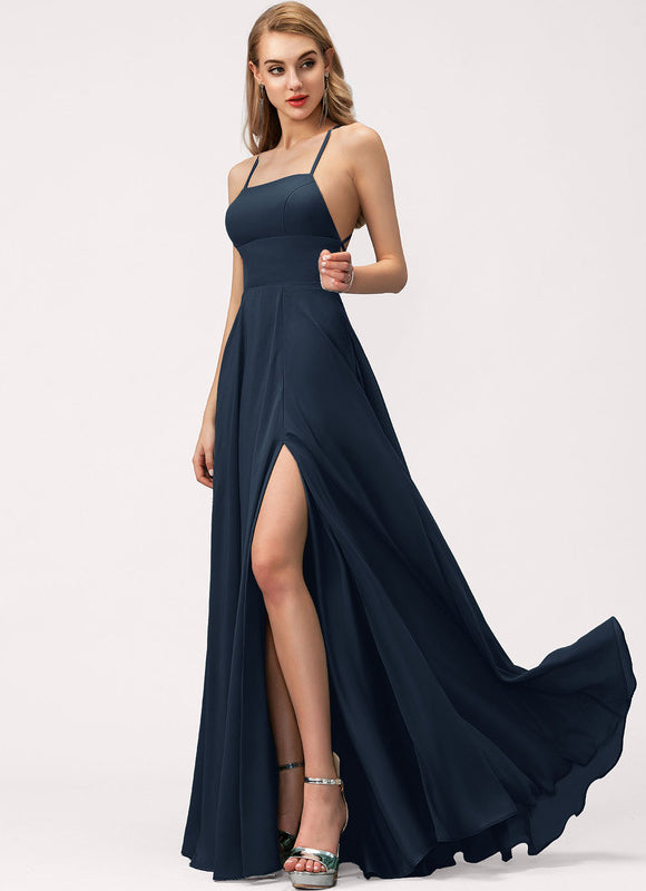 Trapèze col carré longueur ras du sol mousseline robe de demoiselle d'honneur - gallery 3