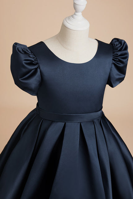 Trapèze col rond longueur genou satin robes fille mariage - gallery 4