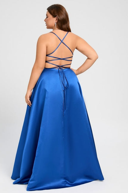 Trapèze col v longueur ras du sol satin robe de bal avec plissée - gallery 8