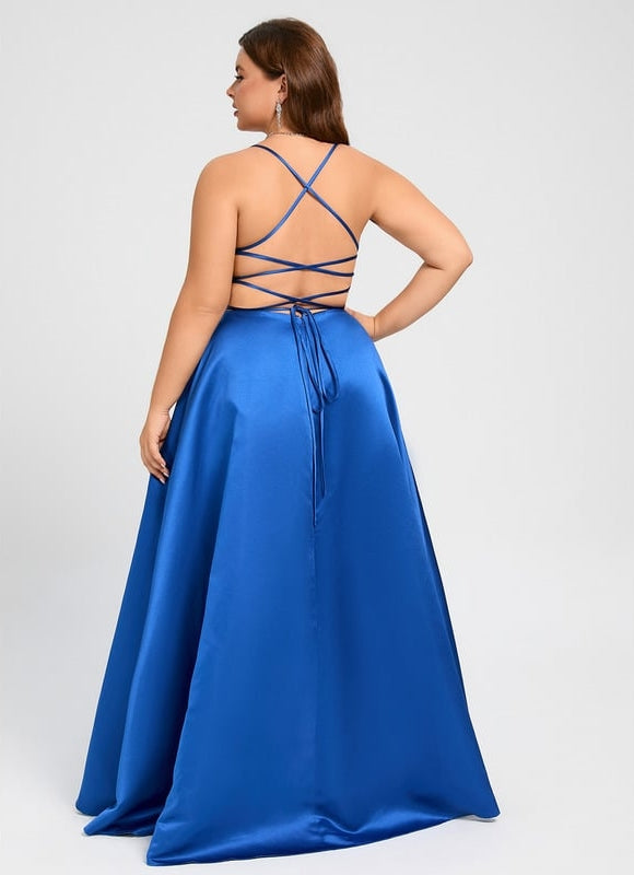 Trapèze col v longueur ras du sol satin robe de bal avec plissée - gallery 8