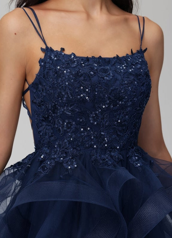 Princesse col rond court tulle dentelle robe de bal de promo avec paillettes - gallery 2