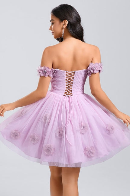 Princesse épaule dénudée court tulle robe de bal de promo avec plissée fleurs - gallery 5