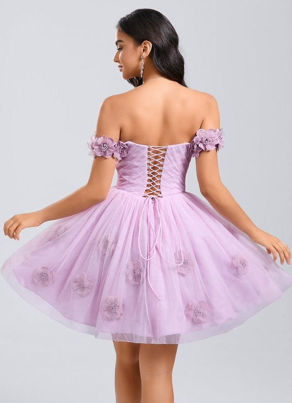 Princesse épaule dénudée court tulle robe de bal de promo avec plissée fleurs - gallery 5