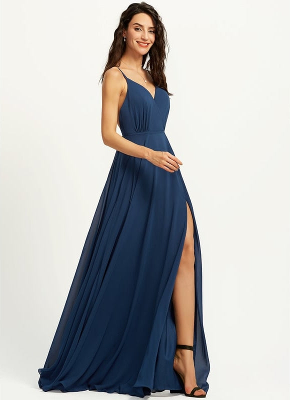 Trapèze col v longueur ras du sol mousseline robe de bal - gallery 3