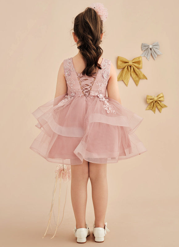 Trapèze col v longueur genou dentelle/tulle robes fille mariage avec perles/paillettes/motif floral 3d - gallery 4