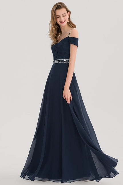 Trapèze col v décolleté épaules longueur ras du sol mousseline robe de soirée avec plissée paillettes perles - gallery 3