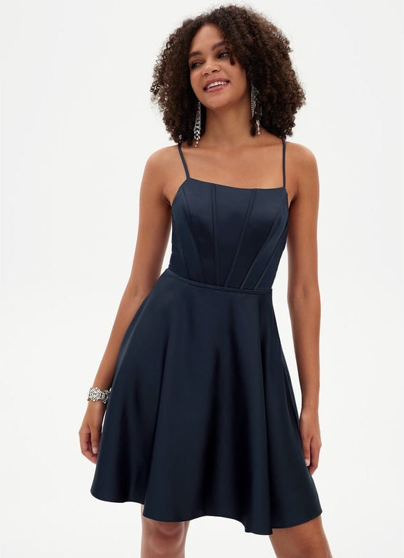 Trapèze col rond court satin robe de bal de promo - gallery 6