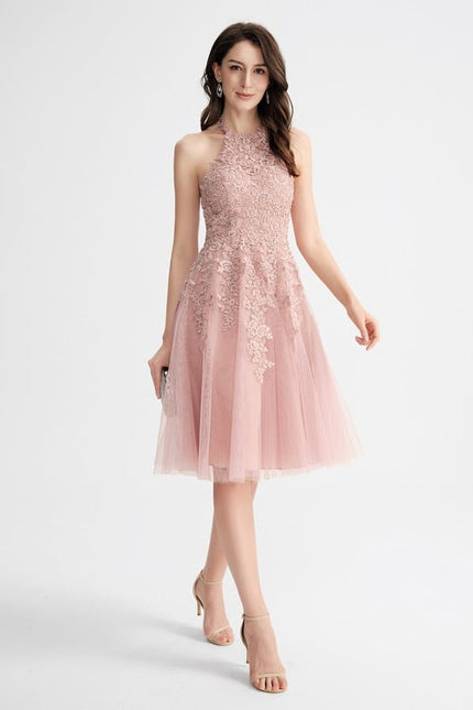 Trapèze col rond longueur genou tulle dentelle robe de bal de promo