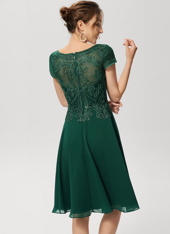 Trapèze col rond longueur genou dentelle mousseline robe de cocktail avec paillettes - gallery 4