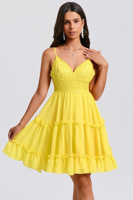 Trapèze col v court mousseline robe de bal de promo avec à volants paillettes - gallery 1