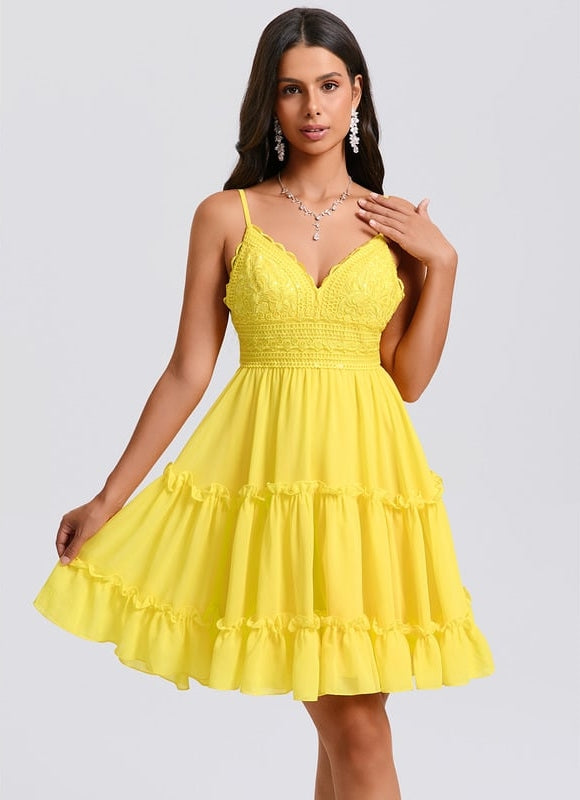 Trapèze col v court mousseline robe de bal de promo avec à volants paillettes - gallery 1