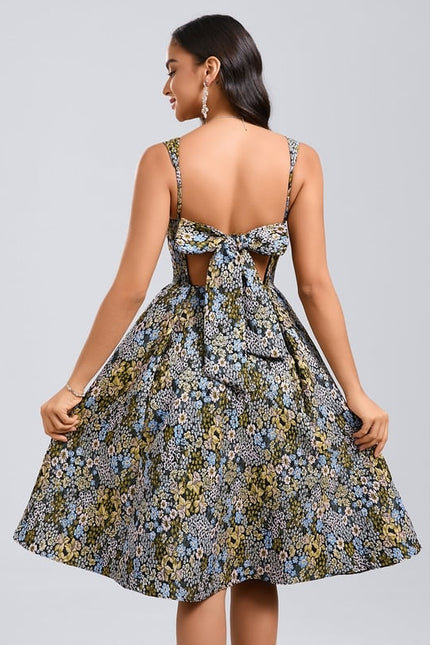 Trapèze col carré longueur genou jacquard robe de bal de promo avec nœud - gallery 3