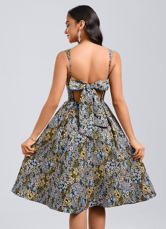 Trapèze col carré longueur genou jacquard robe de bal de promo avec nœud - gallery 3