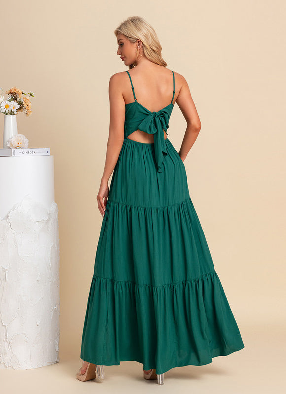 Robe plissée col carré trapèze polyester maxi - gallery 1