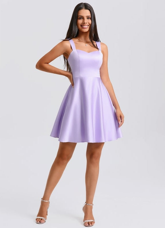 Trapèze col cœur court satin robe de bal de promo avec nœud - gallery 2