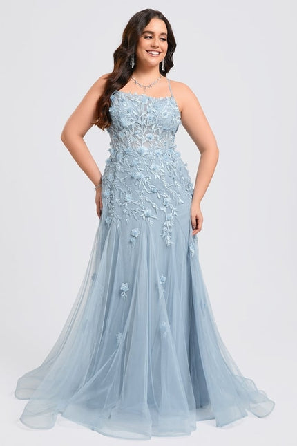 Sirène col droit traîne balayage tulle robe de bal avec fleurs - gallery 9