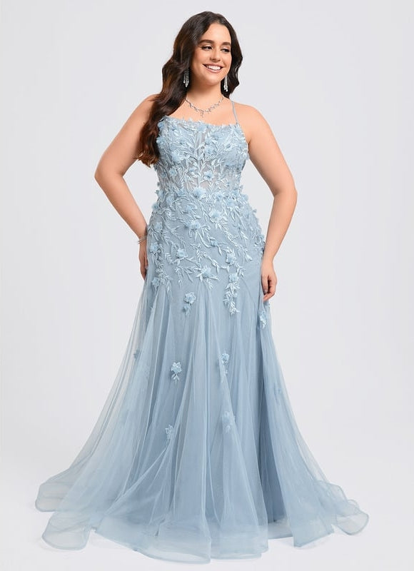 Sirène col droit traîne balayage tulle robe de bal avec fleurs - gallery 9