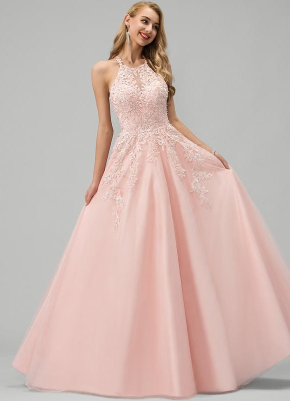Princesse col rond longueur ras du sol tulle robe de bal avec perles paillettes