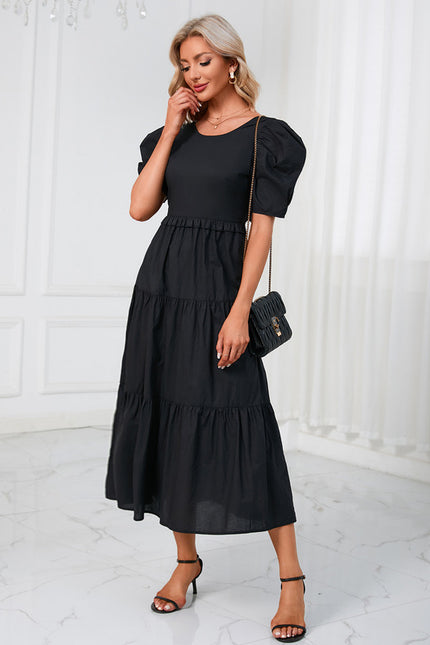 Robe à volants col rond trapèze polyester midi