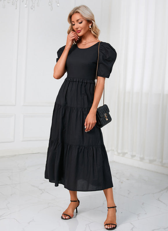 Robe à volants col rond trapèze polyester midi