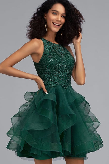 Princesse col rond court tulle dentelle robe de bal de promo avec paillettes - gallery 4