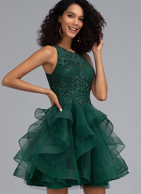 Princesse col rond court tulle dentelle robe de bal de promo avec paillettes - gallery 4