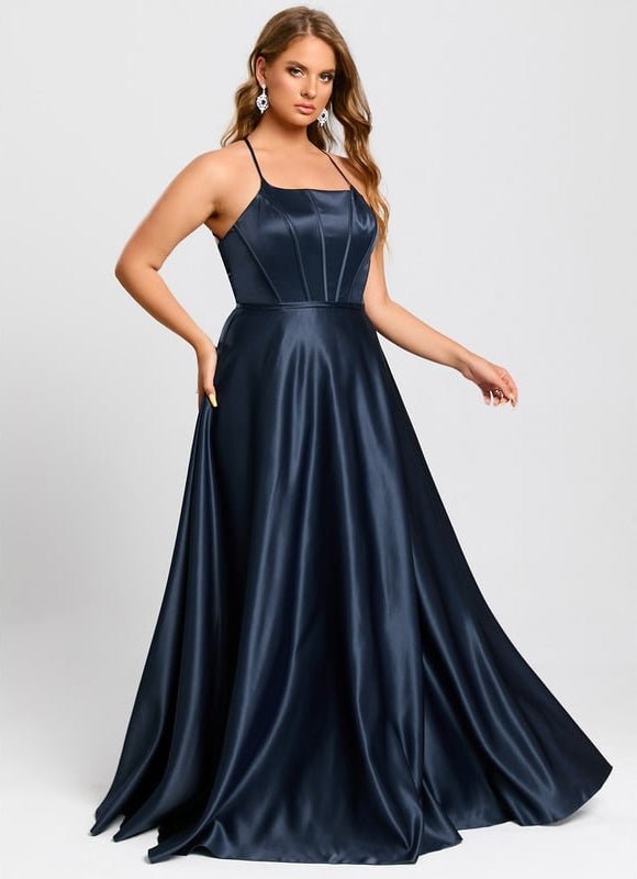 Trapèze col rond longueur ras du sol satin robe de bal - gallery 8