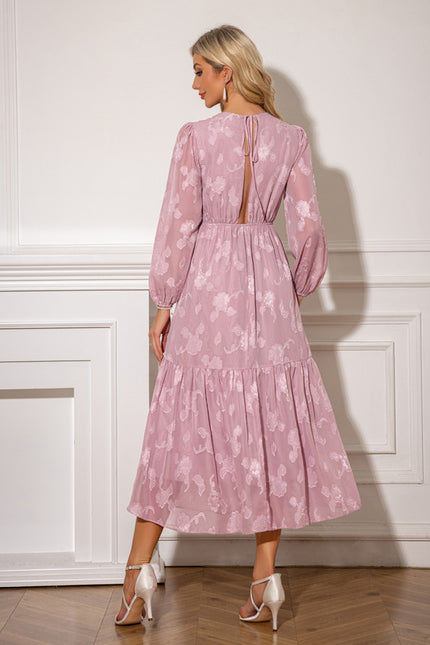 Robe à volants jacquard col rond trapèze mousseline midi - gallery 2