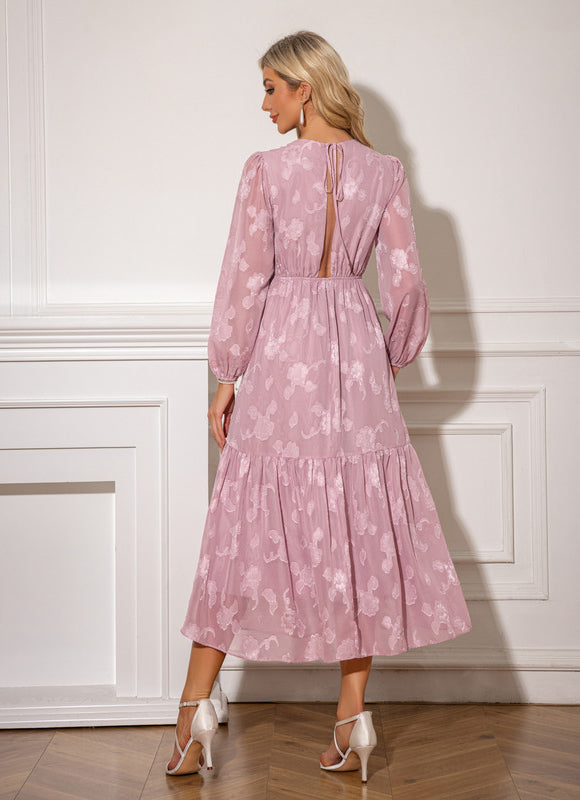 Robe à volants jacquard col rond trapèze mousseline midi - gallery 2