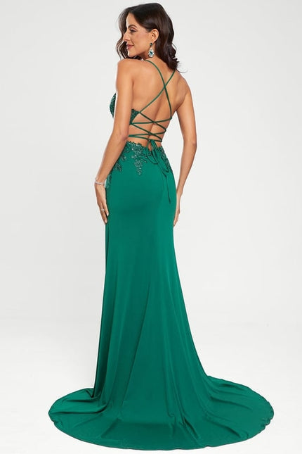 Sirène col v traîne balayage jersey robe de bal avec paillettes - gallery 6