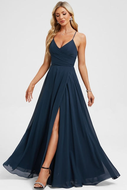 Trapèze col v longueur ras du sol mousseline robe de bal avec plissée - gallery 2