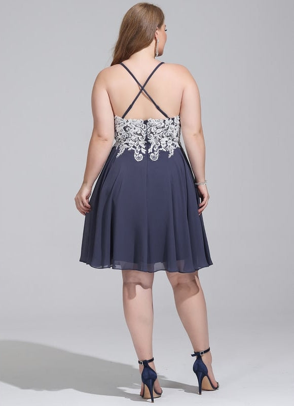 Trapèze col v court mousseline robe de bal de promo avec paillettes perles - gallery 8