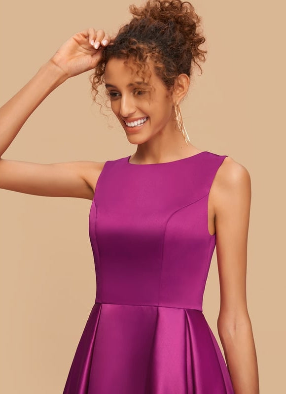 Trapèze col rond court satin robe de bal de promo - gallery 4