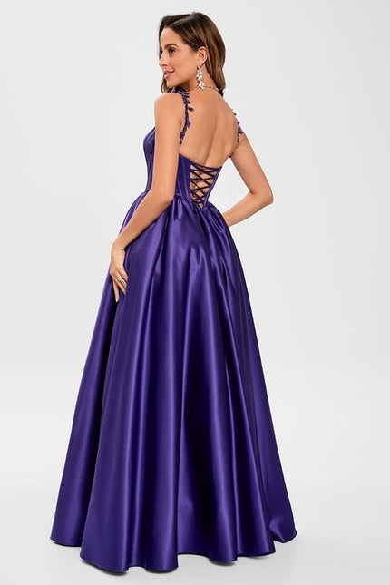 Princesse col rond longueur ras du sol satin robe de bal avec appliques de dentelle perles - gallery 5