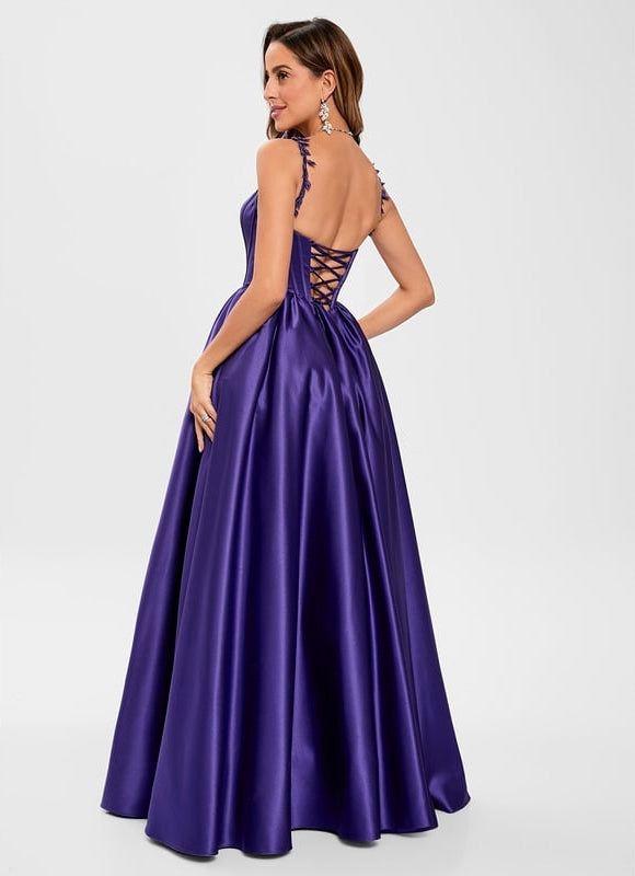 Princesse col rond longueur ras du sol satin robe de bal avec appliques de dentelle perles - gallery 5